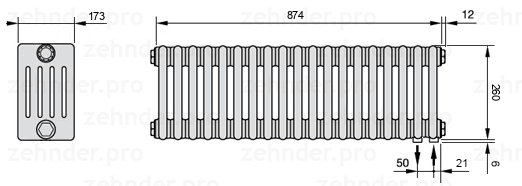 Схема (чертеж) Радиатор Zehnder Charleston 5026/19 №5510 Белый глянцевый RAL 9016